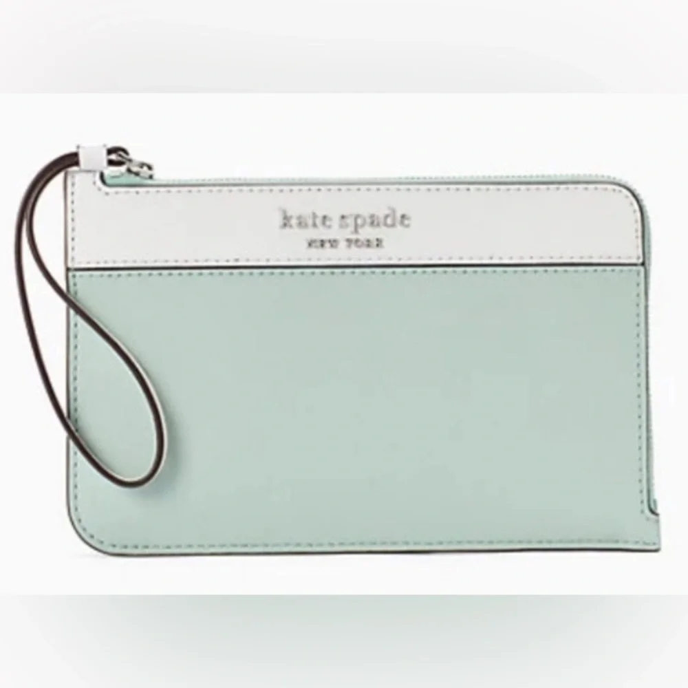 ♠️KATE SPADE ♠️Mint/White Colorblock Cameron Medium L-Zip Wristlet/NWOT